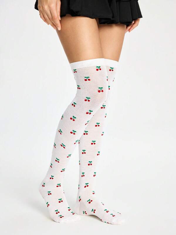 ROMWE Kawaii 1 Pair Dark Gothic Cute Cherry Print Thigh High Socks