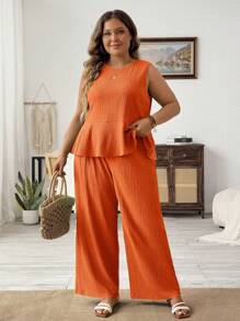 SHEIN PETITE CURVE Plus Size Solid Color Vacation Casual Vest And Long Pants Two Pieces Set Women Summer Clothing Women S Clothes Woman S Summer Clothes, Summer Outfits For Women, Suitable For People Of Shorter Stature