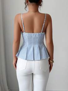 Elenzga 春夏度假风波西米亚棉质条纹纽扣褶裥弹力吊带背心（女款） - 藍白色 - 查看 2