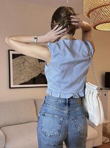 Pariaura 法式印花V领纽扣荷叶边女式衬衫