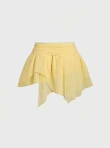 SHEIN Unity Váy ngắn màu vàng viền bất đối xứng xếp nếp gợi cảm mới dành cho nữ, thanh lịch, sang trọng cho ngày lễ, eo thấp - Màu vàng - Xem 2