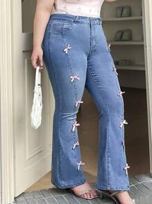 SHEIN ICON 大码女式蝴蝶装饰牛仔修身喇叭腿休闲度假裤，夏季