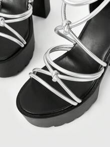 ROMWE Grunge Punk 女式厚底高跟交叉踝带银色凉鞋，哥特朋克风格圆头细带露趾时尚鞋，适合夏季、万圣节 - 銀色 - 查看 5