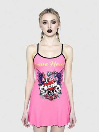 J-Fashion Vestido veraniego informal sin mangas para mujer con estampado de corazón vintage, alas de calavera, rosa y vid