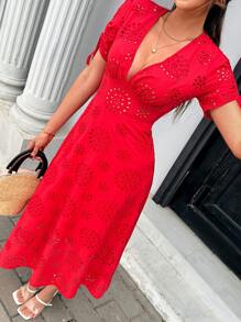 Pariaura Women's Romantic Hollow V-Neck Drawstring Ruched Solid Color Long Dress, Fashionable French Street Style - Red - View 4