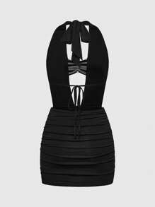 ROMWE J-Fashion Punk Sexy Black & Grey Striped Metal Ring Backless Mini Dress - Black - View 2
