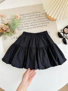 Young Girl Woven Solid Color Gathered Waist Casual Culotte Pants - Black - View 7