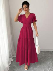 Elenzga Spring/Summer 2025 New Elegant French Style Waist Cinching Slim Fit Purple Short Sleeve Dress - Burgundy - View 5