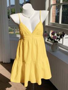 Comfortcana 女士淡黄色编织细肩带连衣裙 - 黃色 - 查看 5