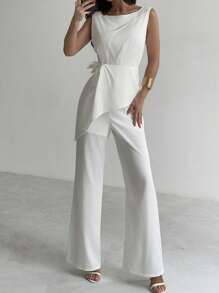 Firerie 女士优雅休闲白色无袖腰部不对称荷叶边下摆连体裤，适合日常、通勤、夏季外出，全白女装 - 白色 - 查看 7