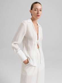 Ontre 2025 新音乐节、音乐会、乡村音乐节女装时尚、优雅女式衬衫、白色系带设计、长袖、天丝亚麻粘胶材质、半透明、春夏 - 白色 - 查看 5