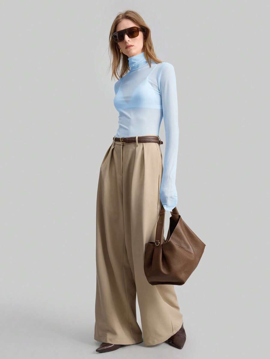 Ontre Blusa de cuello alto de punto estilo Estocolmo para otoño, elegante para otoño/invierno, blusa de manga larga con malla, blusa básica casual de negocios para mujer