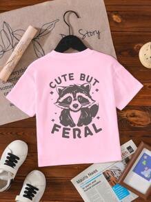 Playful Pals 女婴休闲可爱浣熊“可爱但野性”图案印花短袖T恤，春夏 - 粉色 - 查看 2