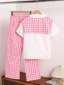Conjunto de camiseta para niñas (talla grande), conjunto de moda para niñas preadolescentes con camisa blanca, chal a cuadros rosas y blancos, y pantalones, atuendo casual para verano y vacaciones