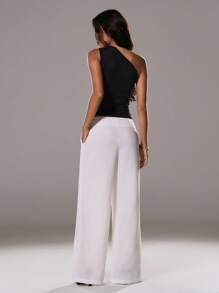 TRNVIE Áo thun đen thời trang thanh lịch lệch vai trang trí nút viền bất đối xứng cho nữ, mùa xuân/hè - màu đen - Xem 2