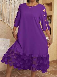 SHEIN Clasi Plus Size Women Mesh Panel Round Neck Short Sleeve Midi Dress - Purple - View 3