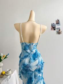 Soleia 女式度假彩色复古花卉印花垂坠领口层叠荷叶边吊带长裙