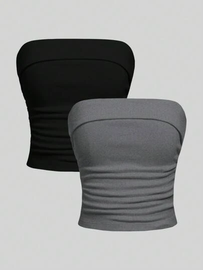 SHEIN Girlism 2 件套青少年女孩简约舒适褶皱露肩黑灰色抹胸文胸露肩上衣