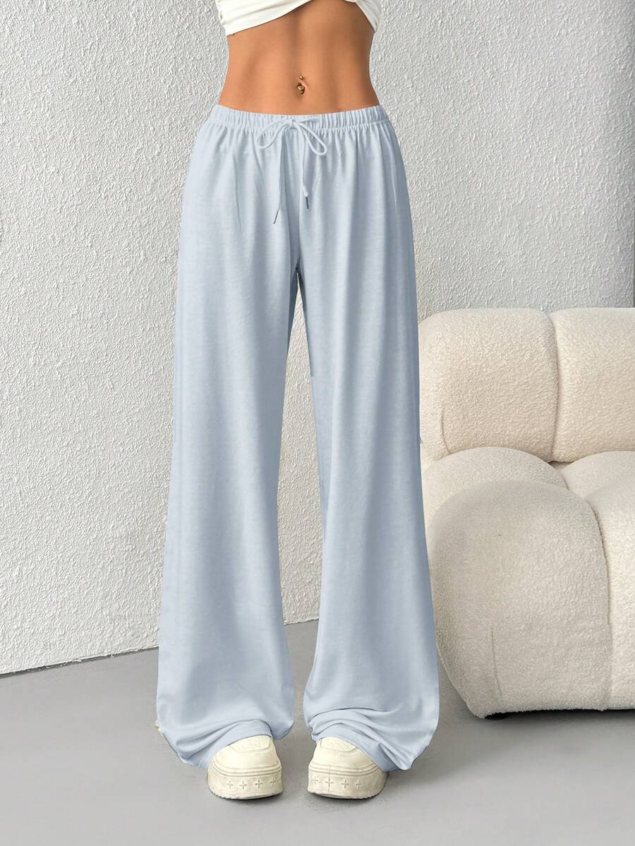 CovetEZ Quần dài thể thao ống rộng cạp chun rút màu trơn đơn giản cho nữ - Màu xanh nhạt - Xem 1