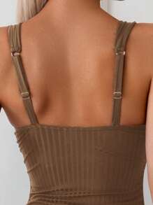 SHEIN Swim 1 pieza Traje de baño de una sola pieza con cuello cuadrado acanalado y unicolor para mujer - Marrón - Ver 5