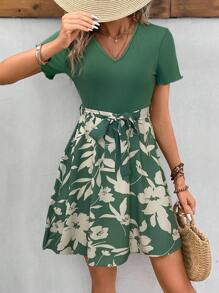 SHEIN Frenchy Váy họa tiết hoa chữ A hai tông màu có đai ở phần trên và phần dưới - màu xanh lá - Xem 4