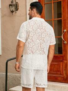 HIMLAND 2件套轻质镂空纯色梭织短袖衬衫套装，夏季蕾丝衬衫男士夏季两件套男士