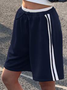 SHEIN Sporty American Street Style Campus Back To School Waistband Color Blocked Loose Shorts, Navy & White, Teen Girls - Navy Blue - View 3