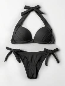 Vaytide Summer Beach Halter Tie Side Bikini Set - Black - View 7