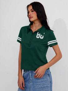 Roylia 运动衫面料、印花数字图案、条纹图案、纯色、修身、短袖、Polo 领、定位印花、纽扣、办公室、节庆、假日、休闲、通勤、运动、极简主义、时髦、Y2K、青少年休闲、街头风格、春夏女款常规 Polo 衫、短款 T 恤 - 軍綠色 - 查看 3