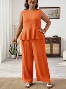 SHEIN PETITE CURVE Plus Size Solid Color Vacation Casual Vest And Long Pants Two Pieces Set Women Summer Clothing Women S Clothes Woman S Summer Clothes, Summer Outfits For Women, Suitable For People Of Shorter Stature