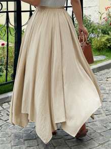 Dazy Plus Váy suông màu trơn cạp chun viền không đối xứng dáng rộng rãi thanh lịch - Màu be - Xem 2