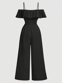 SHEIN ChillGRL Teen Girl Casual Solid Cold Shoulder Ruffle Trim Wide Leg Jumpsuit Black Jumpsuit Ruffle Jumpsuit - Black - View 1