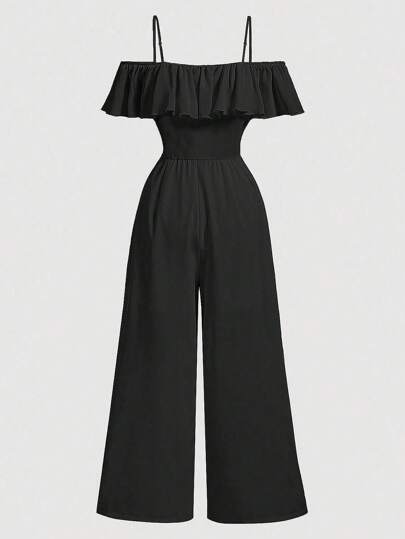 SHEIN Sparklyn Teen Girl Wide Leg Ruffle Casual Daily Black Jumpsuit Halloween Autumn Fall Style Fall Outfits