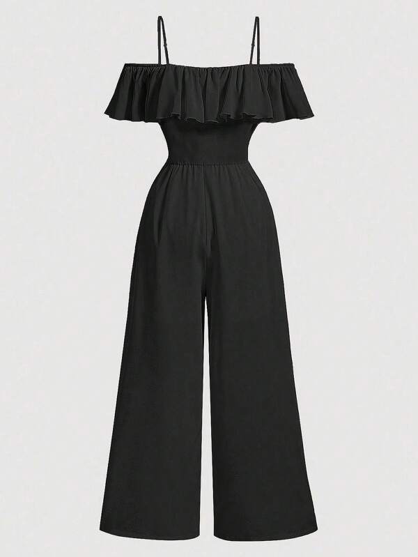 SHEIN ChillGRL 少女休闲纯色露肩荷叶边阔腿连体裤