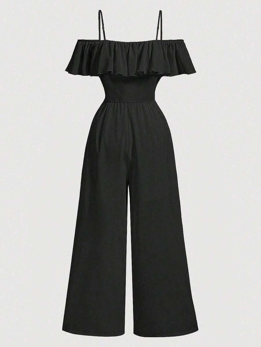 SHEIN ChillGRL Teen Girl Casual Solid Cold Shoulder Ruffle Trim Wide Leg Jumpsuit Black Jumpsuit Ruffle Jumpsuit - Black - View 1