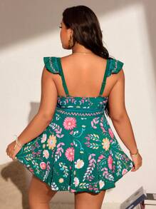 Swim Lushoire Plus Size Elegant Resort Style Printed Tankini Swimwear For Summer Beach Vacation - Green - View 2