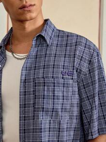 SWAVVY Standard Fit Men's Casual Loose Box-Type Check Plaid Button Up Shirt With English Embroidery, Blue And Purple - Purple - View 4