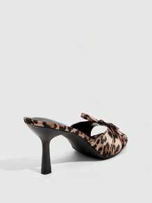 CUCCOO SZL Leopard Print Satin Square Toe Mule Sandals With Bow Decor, Fashion High Heels