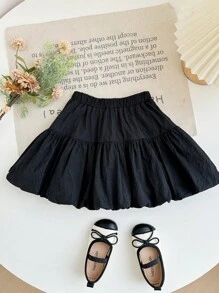 Young Girl Woven Solid Color Gathered Waist Casual Culotte Pants - Black - View 2