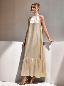 CLARA VERO Sleeveless Solid Color Ruffle Hem Tie Waist Elegant Dress - Beige - View 7