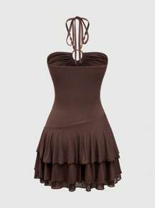 ROMWE Hippie 嬉皮风格珠饰多层下摆短领带女式连衣裙 - 棕色 - 查看 2