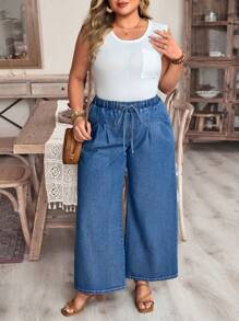 EMERY ROSE Plus Size Women Tie Waist Pockets Wide Leg Loose Casual Denim Jeans - Medium Wash - View 3