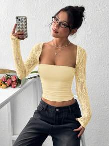SHEIN EZwear Women's White Lace Shrug Thin Fitted Summer Cardigan - Yellow - View 5