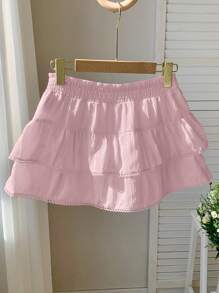 Comfortcana Regular Pink Woven Patchwork Hem Versatile Women Mid-Length Skirt Skirts For Women Summer - Pink - View 2