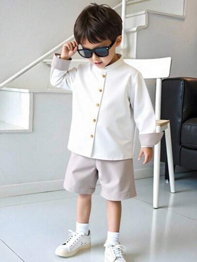 男童春夏立领长袖衬衫纯色短裤套装年轻男孩正式演出司仪宴会绅士西装