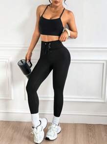 Easithlete 女式高腰纯色腰部系带运动紧身裤