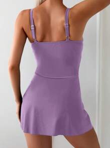 SHEIN Swim 1 件女士纯色简约连体泳衣，适合海滩度假 - 淡紫色 - 查看 2