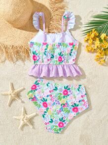 Tween Girls Tropical Floral Fashionable Resort Cute Frill Bikini Sets - Multicolor - View 2