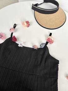 SHEIN EZwear Đầm dự tiệc màu đen họa tiết hoa 3D rộng rãi thoải mái cho nữ cỡ lớn mùa hè - màu đen - Xem 6