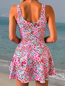 Swim Mod 2 Pcs Set: Ditsy Floral Ruched Waist Summer Beach Holiday Dress With Matching Bikini Bottoms - Multicolor - View 2